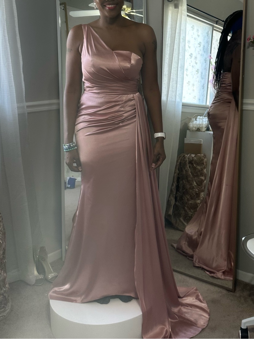 One-Shoulder Satin Gown in Dusty Rose